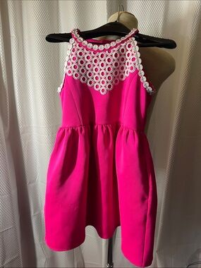 Lilly Pulitzer Hot Pink Halter Dress with White Crochet Detail girls size 5